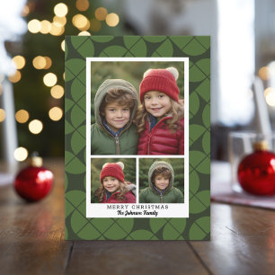 3 Photo Collage - MCM arch pattern Christmas Green Holiday Card