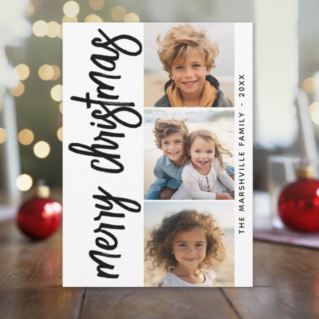 3 Photo Collage Merry Christmas - black white Holiday Card (3 Photo - Holiday Greeting)