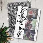 3 Photo Collage Merry Christmas - black white Holiday Card<br><div class="desc">A merry and bright holiday greeting with a rustic script calligraphy greeting. A mid-century modern feel with a geometric pattern on the back. This non-traditional design is a fresh approach that will make your family photos stand out.</div>
