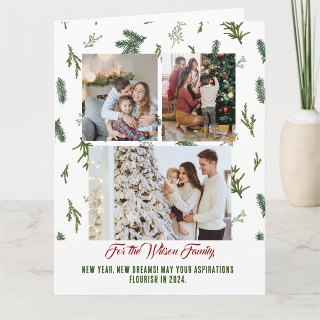 3 Photo Collage Merry Christmas Green Holiday Card (Front)