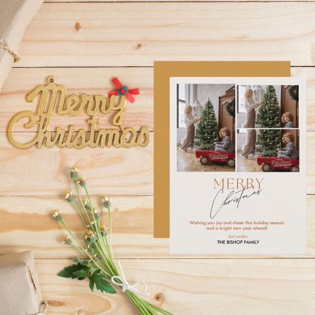 3 Photo Collage Merry Christmas Script Greeting Holiday Card (Creator Uploaded)