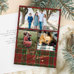 3 photo collage Merry Christmas script plaid Holiday Card<br><div class="desc">Elegant stylish Merry Christmas faux gold classic calligraphy script three square family photos rustic red green plaid tartan holiday card with your custom personalized text on both sides.</div>