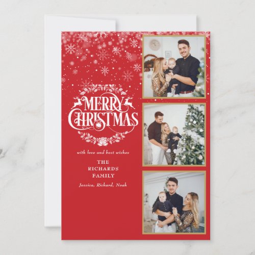 3 Photo Collage Merry Christmas Snowflakes Holiday Card