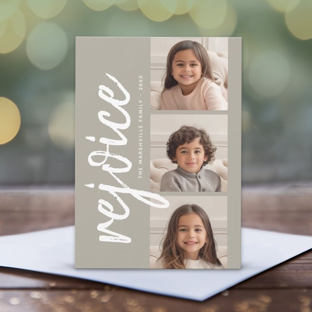 3 Photo Collage Minimal Rejoice Merry Christmas Holiday Card (3 Photo Christmas Card with Minimal Design - Bold Chevrons Neutral - Print or Instant Download)