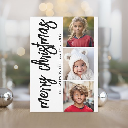 3 Photo Collage Minimal Rejoice Merry Christmas Holiday Card