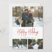 3 Photo Collage Minimalist Modern White Red Holiday Card (Front)