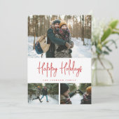 3 Photo Collage Minimalist Modern White Red Holiday Card (Standing Front)
