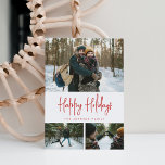 3 Photo Collage Minimalist Modern White Red Holiday Card<br><div class="desc">Completely customizable 3 photo template with room for photo and text on back. Featuring modern fonts,  elegant layout,  and snow pattern on the back.</div>