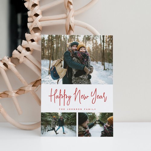 3 Photo Collage Minimalist Modern White Red Holiday Card