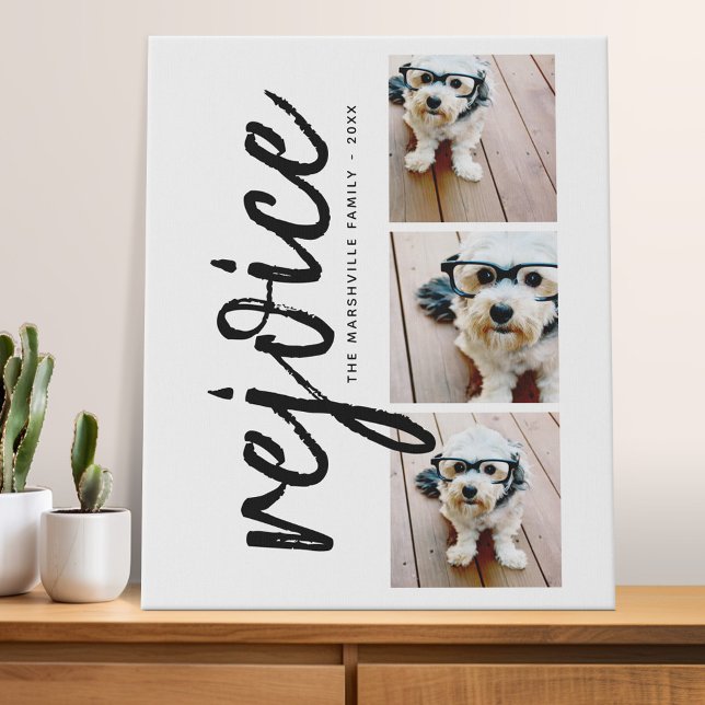 3 Photo Collage Minimalist - rejoice black white Faux Canvas Print (Custom Photo collage - wall art with your photos)