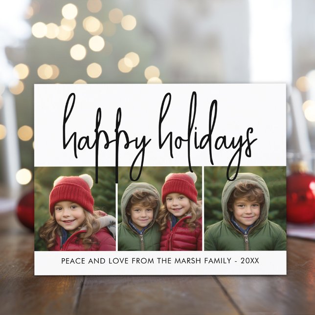 3 Photo Collage Mod Script black white - Happy Holiday Card (3 Photo modern calligraphy design)