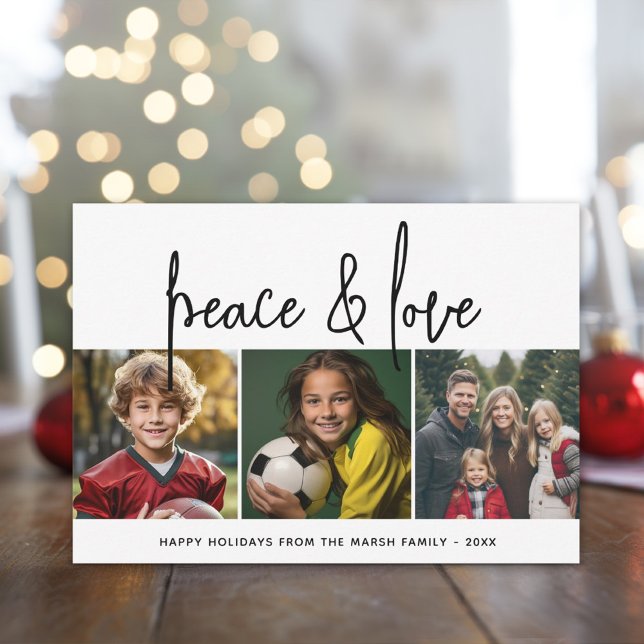 3 Photo Collage Mod Script black white Peace Love Holiday Card (3 Photo modern, minimal Christmas photo card)