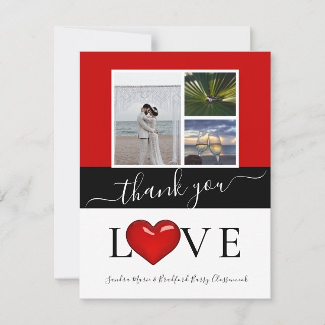 3 Photo collage  modern black red Thank You Card (Front)