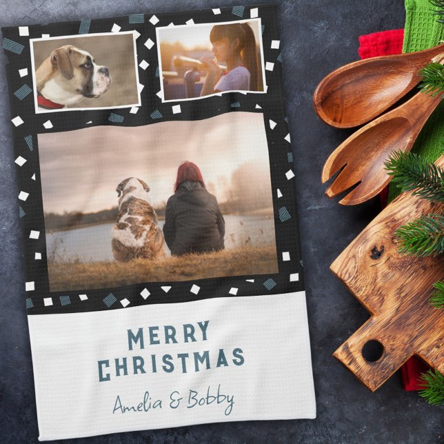 3 Photo Collage Modern Black White Blue Christmas Kitchen Towel (Creator Uploaded)