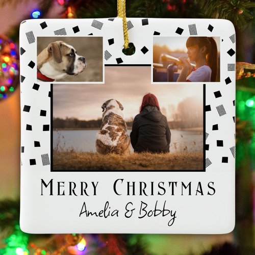 3 Photo Collage Modern Black White Christmas Ceramic Ornament