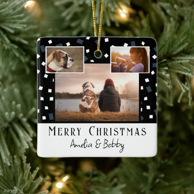 3 Photo Collage Modern Black White Christmas  Ceramic Ornament (Tree)
