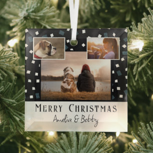 3 Photo Collage Modern Black White Christmas  Glass Ornament