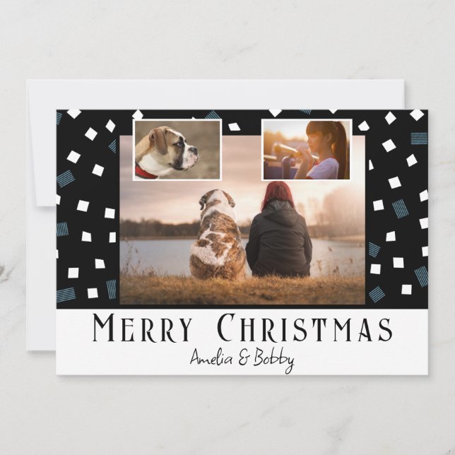 3 Photo Collage Modern Black White Christmas  Holiday Card (Front)