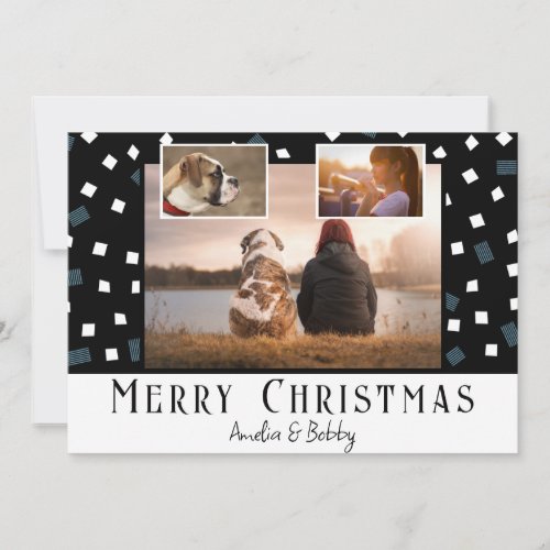3 Photo Collage Modern Black White Christmas  Holiday Card