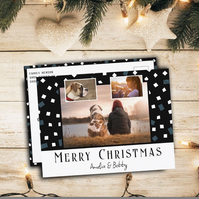 3 Photo Collage Modern Black White Christmas Holiday Postcard (Creator Uploaded)