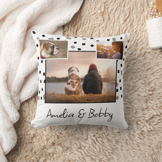 3 Photo Collage Modern Black White Christmas Throw Pillow (Blanket)