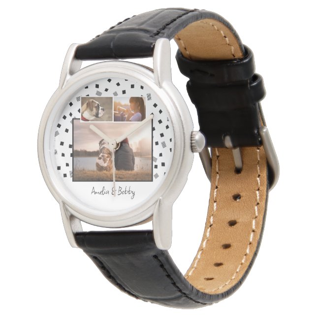 3 Photo Collage Modern Black White Pattern Watch (Angled)