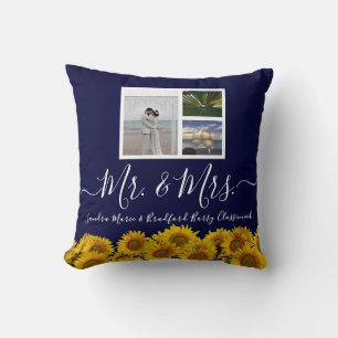 3 Photo collage modern blue sunflower Wedding Throw Pillow