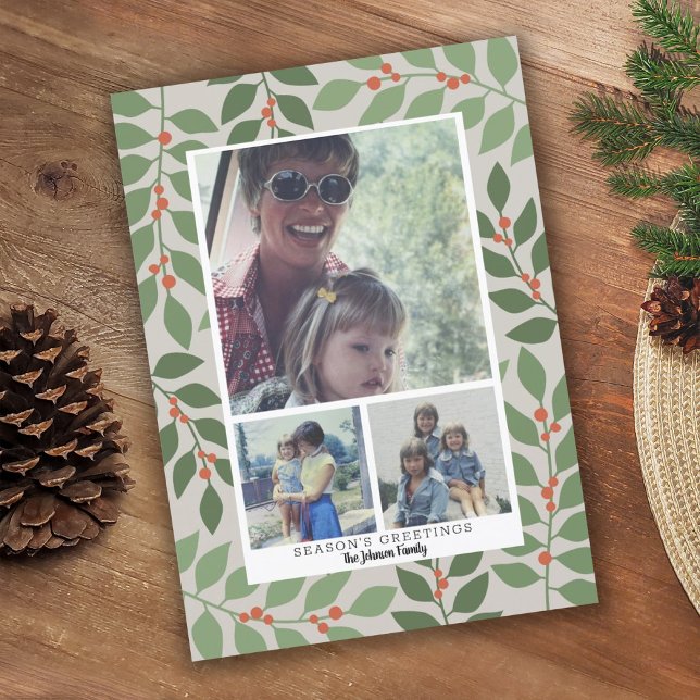 3 Photo Collage Modern Botanical Season's Greeting Holiday Card (Creator Uploaded)
