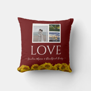 3 Photo collage modern burgandy sunflower Wedding  Throw Pillow