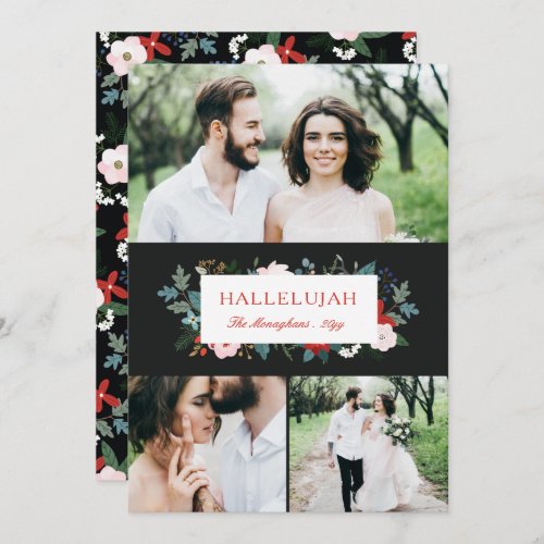 3 Photo Collage Modern Floral Christmas Black Holiday Card