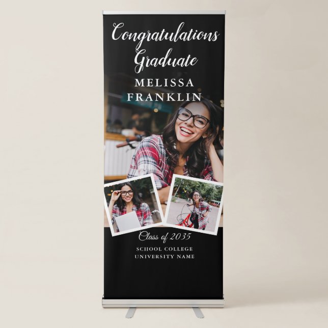 3 Photo Collage Modern Graduation Party Retractable Banner (Front)