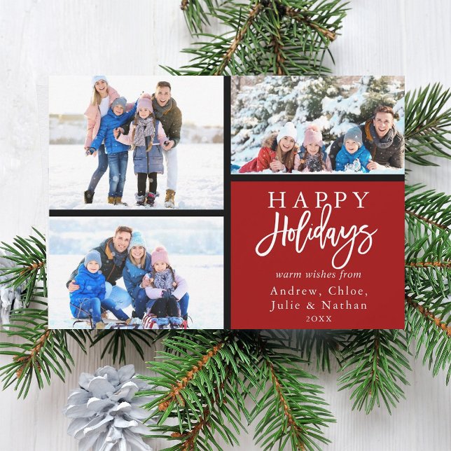 3 Photo Collage Modern Happy Holidays Red Holiday Card (Creator Uploaded)