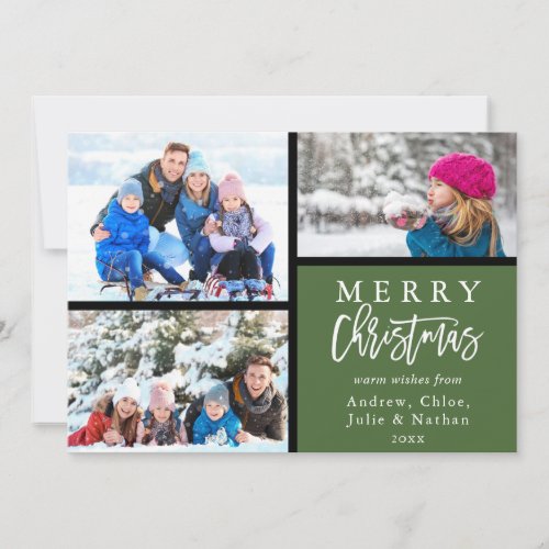 3 Photo Collage Modern Merry Christmas Green Holiday Card