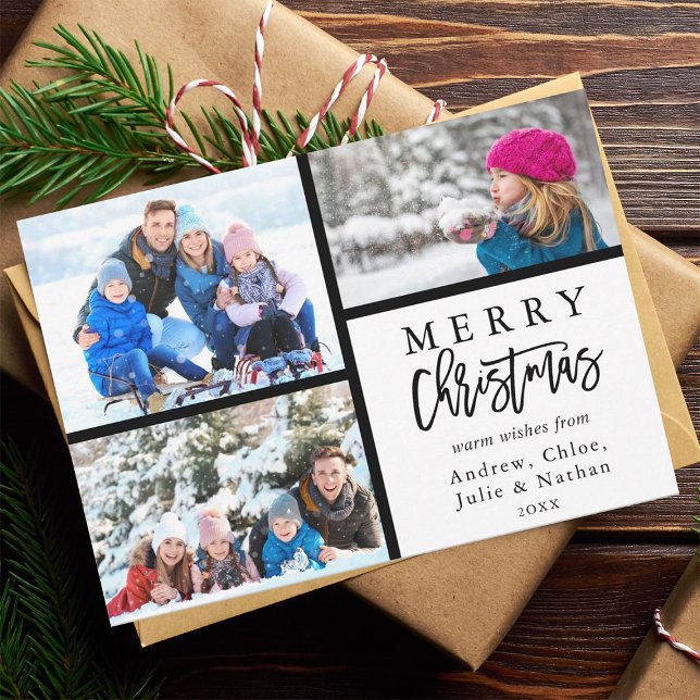 3 Photo Collage Modern Merry Christmas Holiday Card (Creator Uploaded)