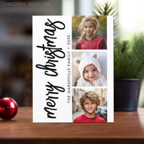 3 Photo Collage _ Modern Merry Christmas Postcard