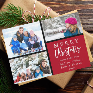 3 Photo Collage Modern Merry Christmas Red Holiday Card