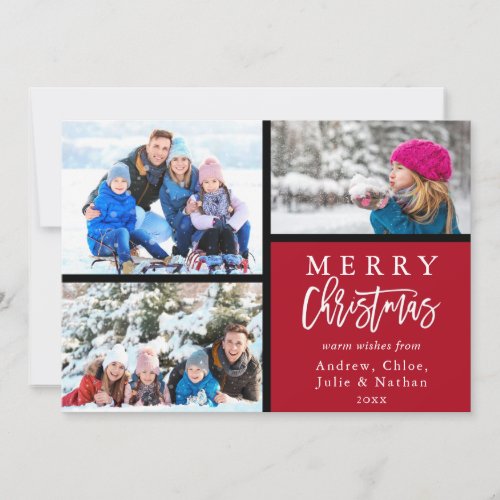 3 Photo Collage Modern Merry Christmas Red Holiday Card