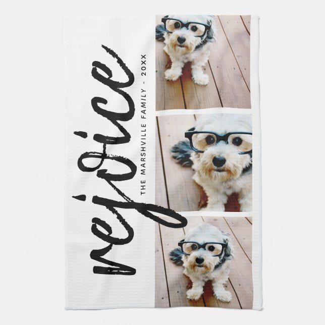 3 Photo Collage - Modern Merry Christmas Rejoice Kitchen Towel (Vertical)