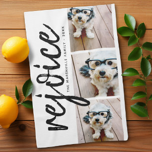 3 Photo Collage - Modern Merry Christmas Rejoice Kitchen Towel