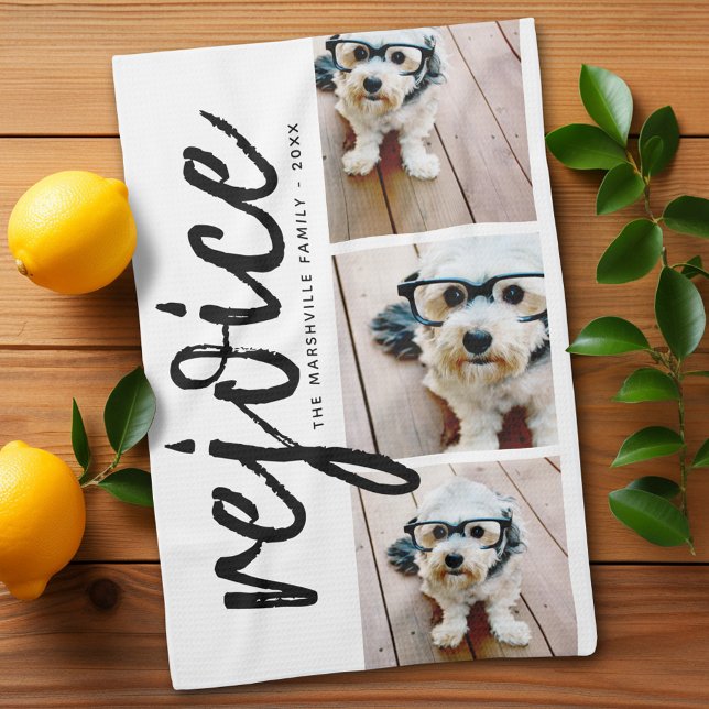 3 Photo Collage - Modern Merry Christmas Rejoice Kitchen Towel (Personalized Kitchen Towel with photos and text - Makes a great gift)