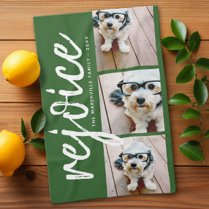 3 Photo Collage - Modern Merry Christmas Rejoice Kitchen Towel