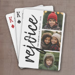 3 Photo Collage - Modern Merry Christmas Rejoice Playing Cards<br><div class="desc">Use three pictures and make a unique and trendy Merry Christmas greeting with a black and white theme. If you need to move anything around,  click on the customize button to make changes.</div>