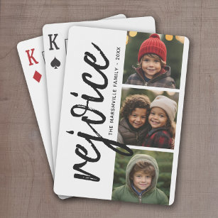 3 Photo Collage - Modern Merry Christmas Rejoice Playing Cards