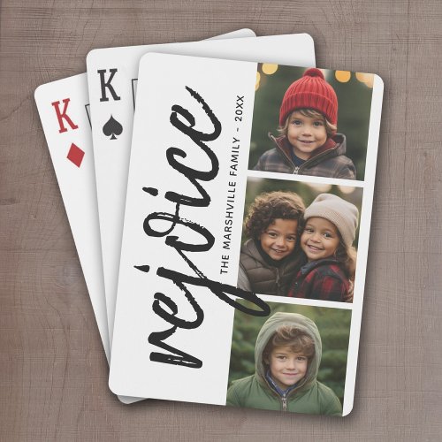 3 Photo Collage _ Modern Merry Christmas Rejoice Playing Cards