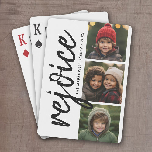 3 Photo Collage - Modern Merry Christmas Rejoice Poker Cards