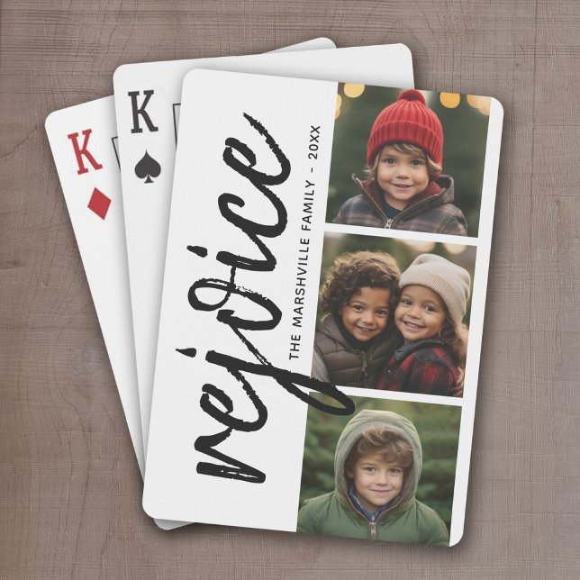 3 Photo Collage - Modern Merry Christmas Rejoice Poker Cards (Personalized Playing Cards - Add 3 Photos and Custom Text)
