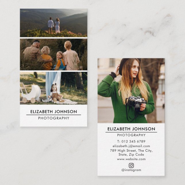  3 Photo Collage Modern Photography Business Card (Front/Back)