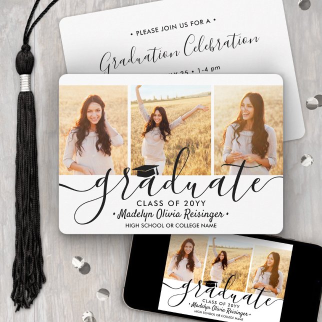3 Photo Collage Modern Script Graduation Party Invitation (Creator Uploaded)