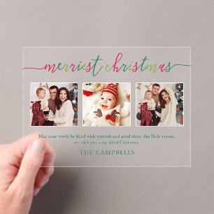 3 Photo Collage Modern Script "Merriest Christmas" Acrylic Invitations