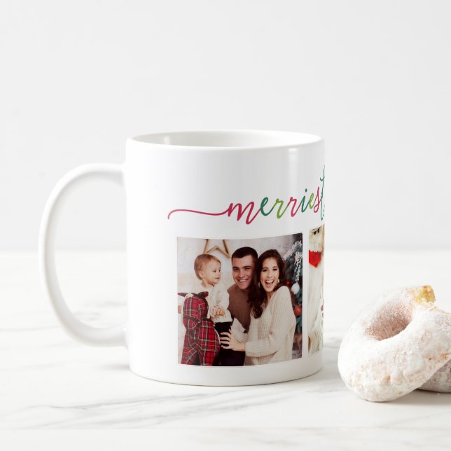 3 Photo Collage Modern Script "Merriest Christmas" Coffee Mug (With Donut)